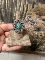 Beautiful Handmade Sonoran Mountain Turquoise , CZ And Sterling Silver Adjustable Ring