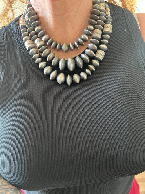Navajo Sterling Silver Single Strand Beaded Statement Necklace by Rose Martin, 18” + 2”