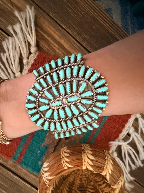 Handcrafted Old Pawn Sterling Silver & Turquoise Cluster Cuff Bracelet