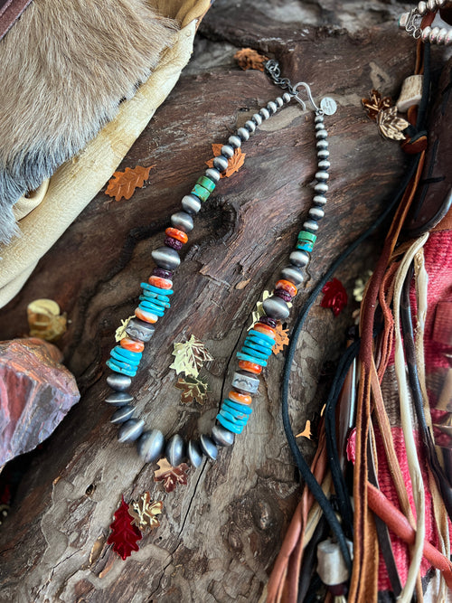 Rose Martin Sterling Silver, Spiny Oyster & Turquoise Single Strand Beaded Necklace, 18” + 1-1/2”