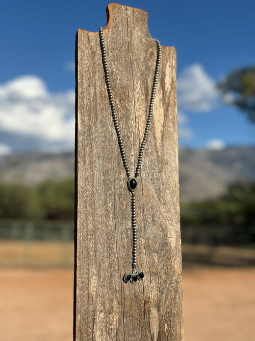 Navajo Onyx & Sterling Silver Pearl Beaded Lariat Necklace