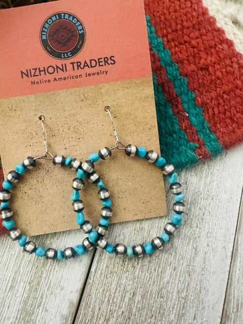 Handcrafted Turquoise & Sterling Silver Beaded Dangle Hoop Earrings