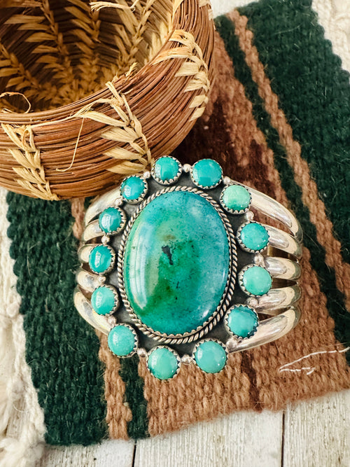 Old Pawn Navajo Turquoise & Sterling Silver Cluster Cuff Bracelet