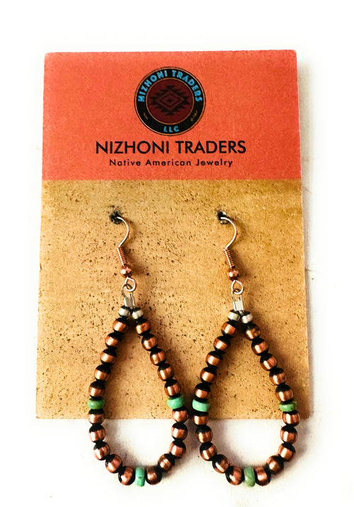 Navajo Copper & Turquoise Beaded Dangle Hoop Earrings