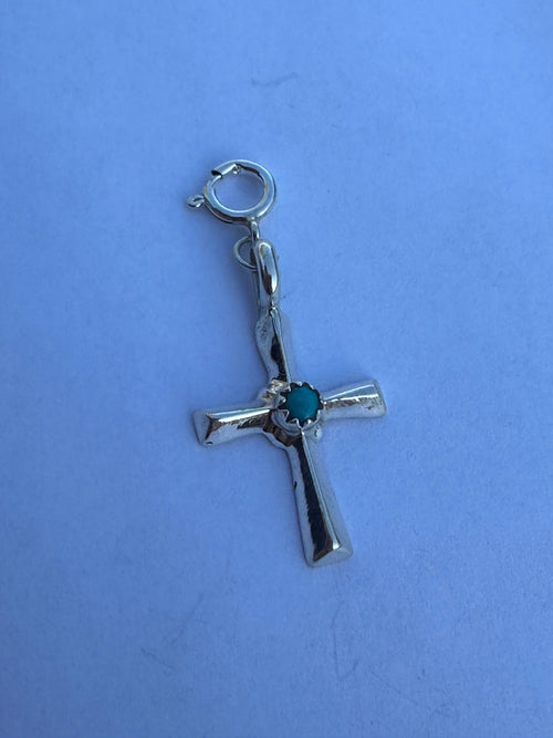 Navajo Crafted Sterling Silver and Turquoise Hand Stamped Cross Charm