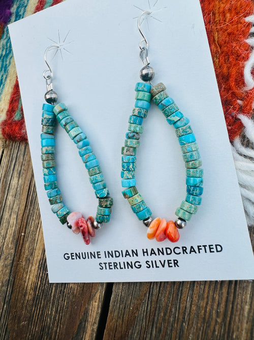 Handcrafted Turquoise, Orange Spiny & Sterling Silver Beaded Dangle Hoop Earrings