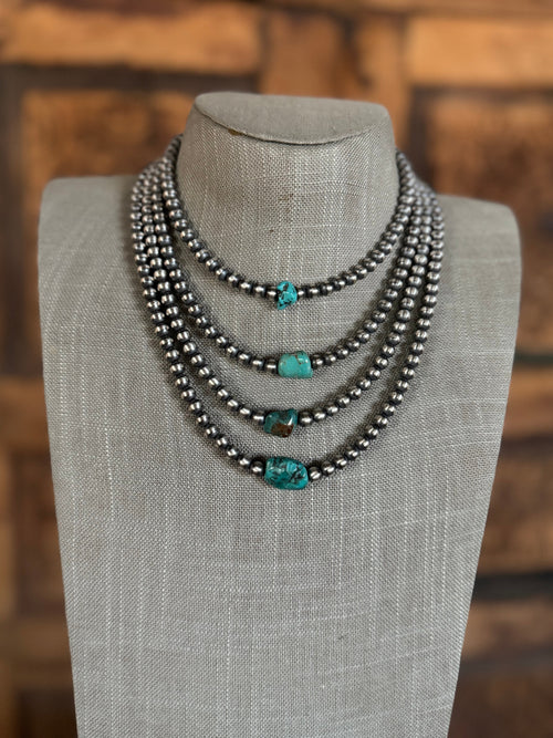 Handcrafted Kingman Turquoise & Sterling Silver 6mm Beaded Necklace