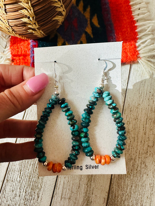 Navajo Turquoise, Spiny & Sterling Silver Beaded Hoop Earrings