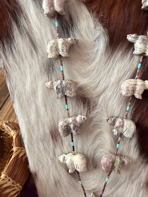 Handcrafted Sterling Silver & Beaded Fetish Bear Necklace 28" by Larry Cisco