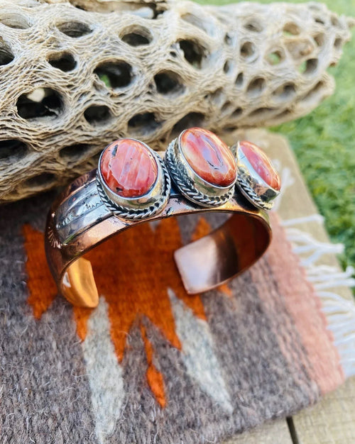 Navajo Orange Spiny, Copper and Sterling Silver Cuff Bracelet