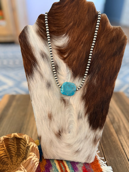 Handcrafted Kingman Turquoise & Sterling Silver Pearl 18” Beaded Necklace