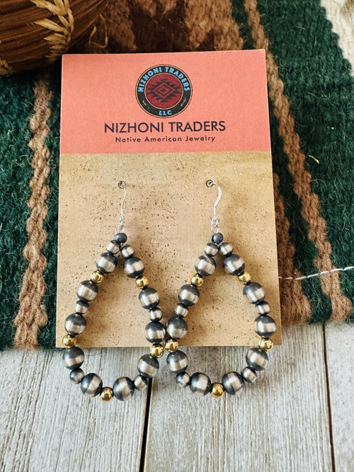 Navajo Gold & Sterling Silver Pearl Beaded Dangle Hoop Earrings