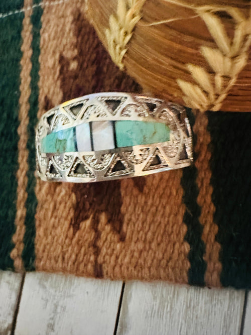 Old Pawn Navajo Turquoise, Mother of Pearl & Sterling Silver Inlay Cuff Bracelet