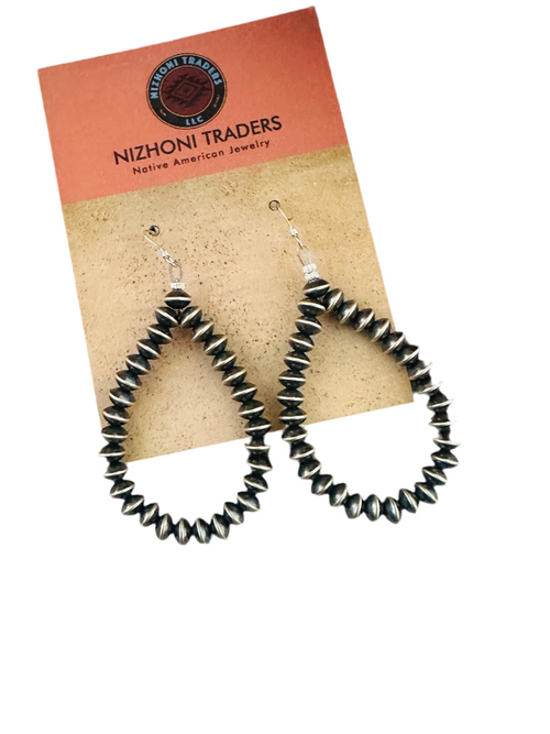 Navajo Sterling Silver Pearl Beaded Dangle Hoop Earrings