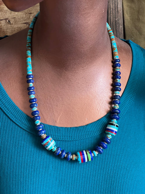 Ronald Chavez Handcrafted  Multistone Beaded Santo Domingo Necklace with Lapis Rondelles