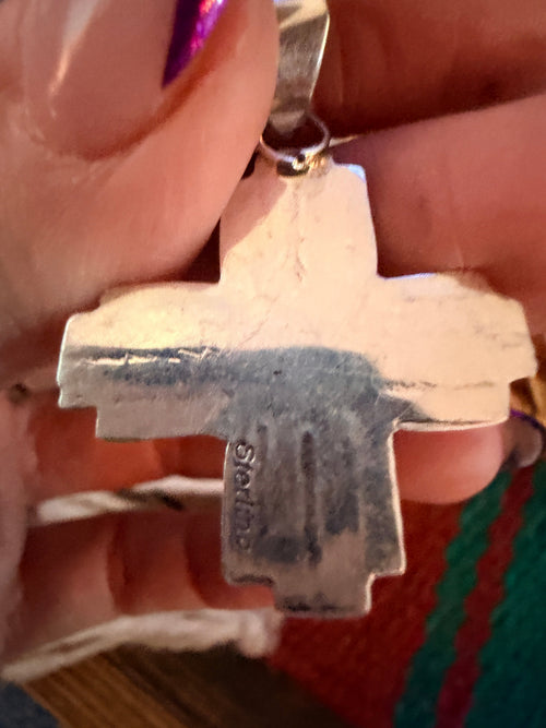 Old Pawn Handcrafted Inlay Turquoise & Sterling Silver Zia Cross Pendant