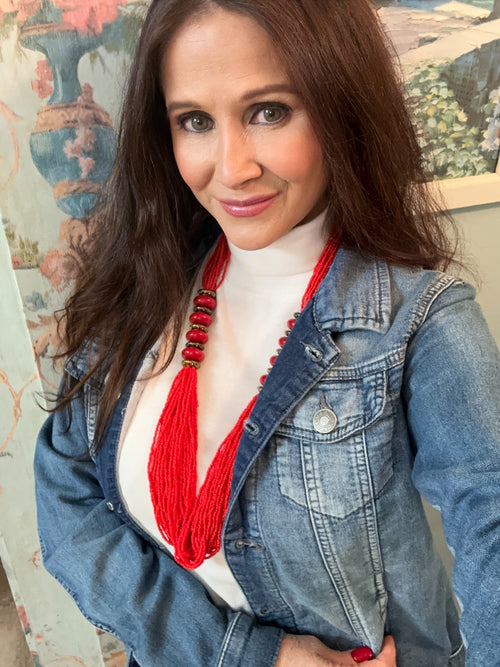 Red Beaded Strand Necklace