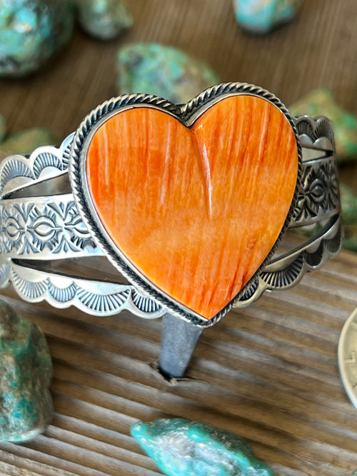 Navajo Sterling Silver and Orange Spiny Oyster Shell Heart Cuff Bracelet by Murphy Platero
