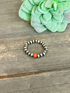 VENICE Handmade Sterling Silver Navajo Pearl Style Coral Beaded Stretch Ring