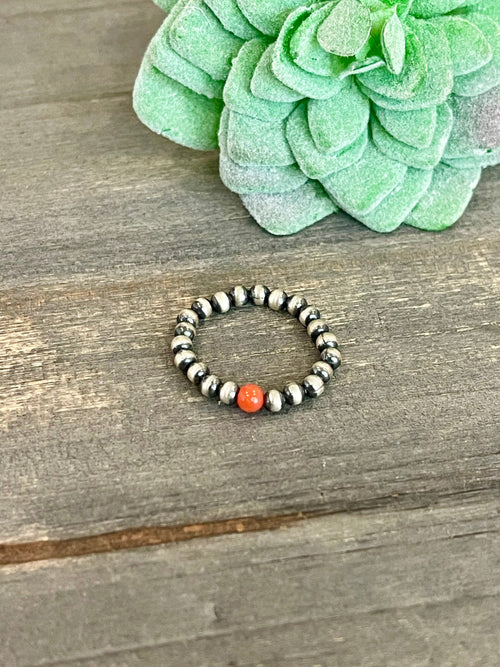 VENICE Handmade Sterling Silver Navajo Pearl Style Coral Beaded Stretch Ring