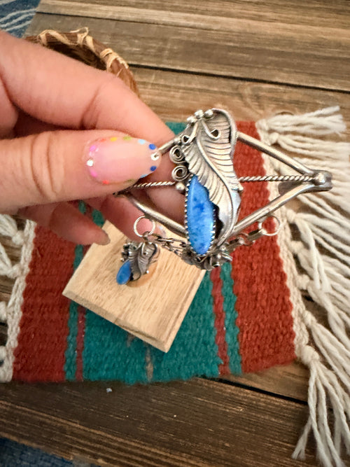 Handcrafted Old Pawn Lapis & Sterling Silver Cuff Bracelet with Hand Chain
