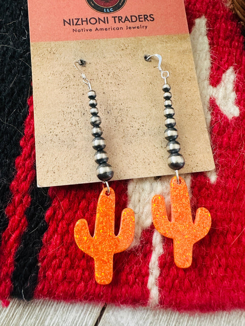 Summer Lovin’ Navajo Sterling Silver Pearl Beaded Opal Cactus Dangle Earrings