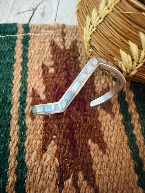 Old Pawn Navajo Mother of Pearl & Sterling Silver Inlay Cuff Bracelet
