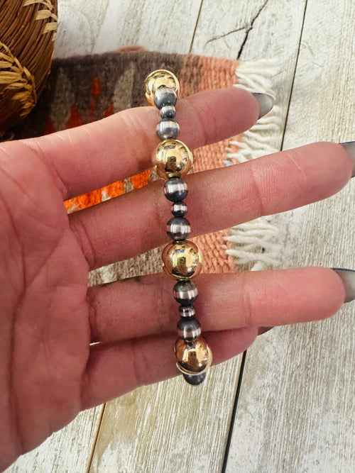Navajo Gold Filled Sterling & Sterling Silver Pearl Beaded Bracelet