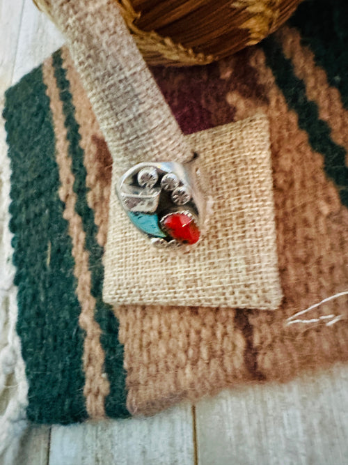 Old Pawn Handcrafted Turquoise, Coral & Sterling Silver Ring Size 12.5