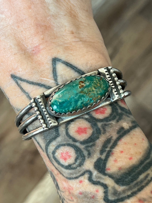 Hand Forged Old Pawn Sterling Silver & Turquoise Cuff Bracelet by Santa Fe Artist, Buffalo: The Cameo