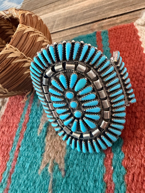 Handcrafted Old Pawn Sterling Silver & Turquoise Cluster Cuff Bracelet
