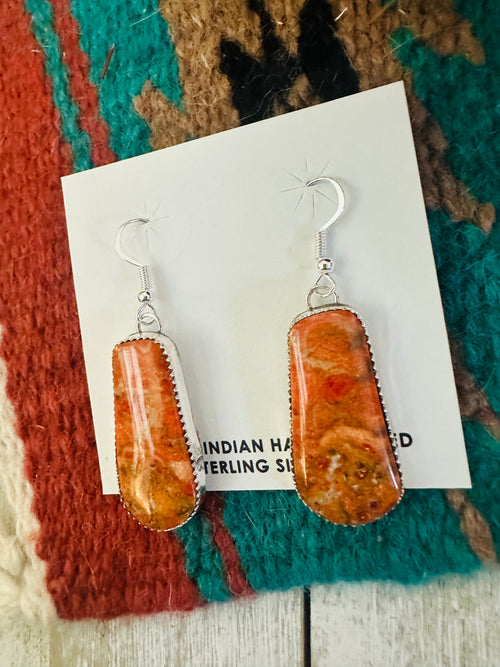 Navajo Sterling Silver Apple Coral Dangle Earrings