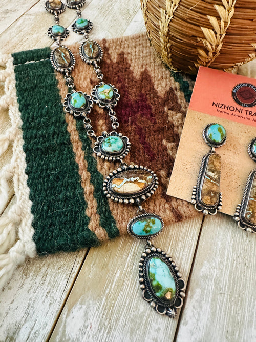 Navajo Sterling Silver, Ribbon and Sonoran Turquoise Necklace and Earring Set by Diane Wylie