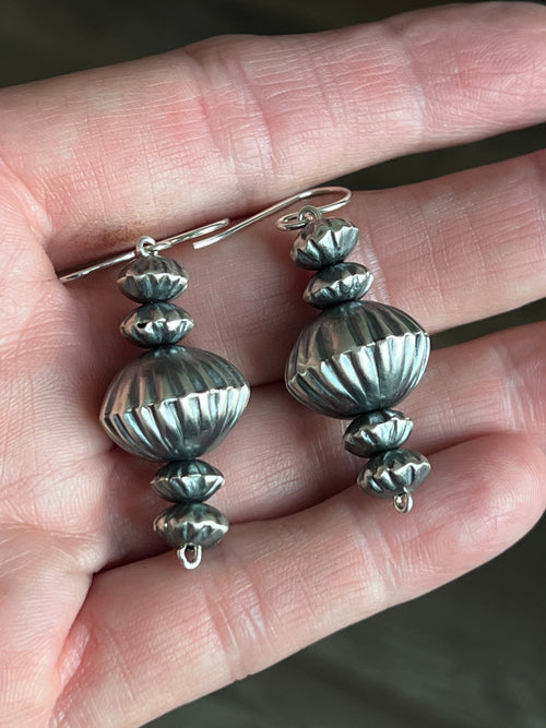 Navajo Sterling Silver Handcrafted Corrugated Bead Drop Dangle Earrings by Preston Haley