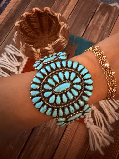 Handcrafted Old Pawn Sterling Silver & Turquoise Cluster Cuff Bracelet