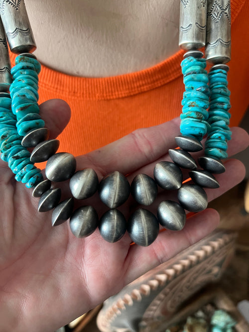 Navajo Sterling Silver and Kingman Turquoise Handmade Beaded Necklace by Rose Martin, 24 + 1-1/2 inches