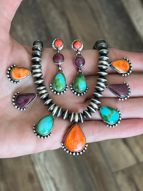 Navajo Made Sterling Silver Electric Rainbow Beaded Drop Charm Necklace & Earrings Set by Loretta Delgarito