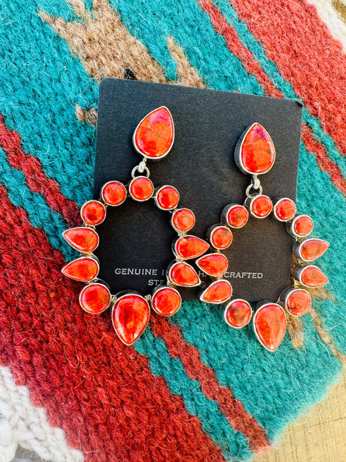 Navajo Sterling Silver Apple Coral Dangle Earrings