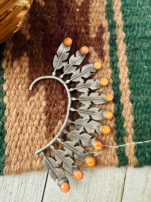 Navajo Orange Spiny & Sterling Silver Feather Cuff Earring (Left Side)