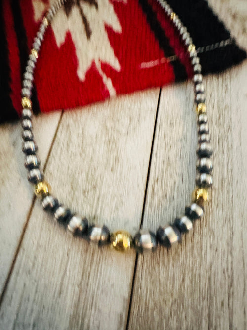 Navajo Sterling Silver & Gold Beaded 18” Necklace