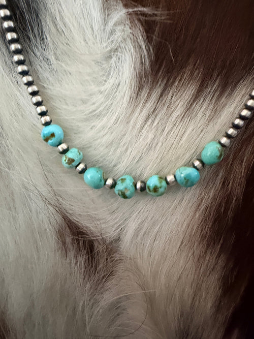 Handcrafted Turquoise & 3mm Sterling Silver Pearl Beaded Necklace