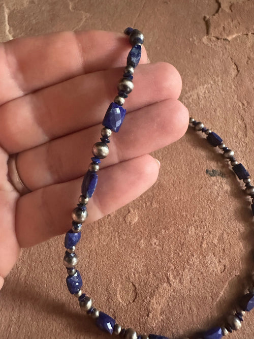 Handmade Sterling Silver & Lapis Beaded Necklace