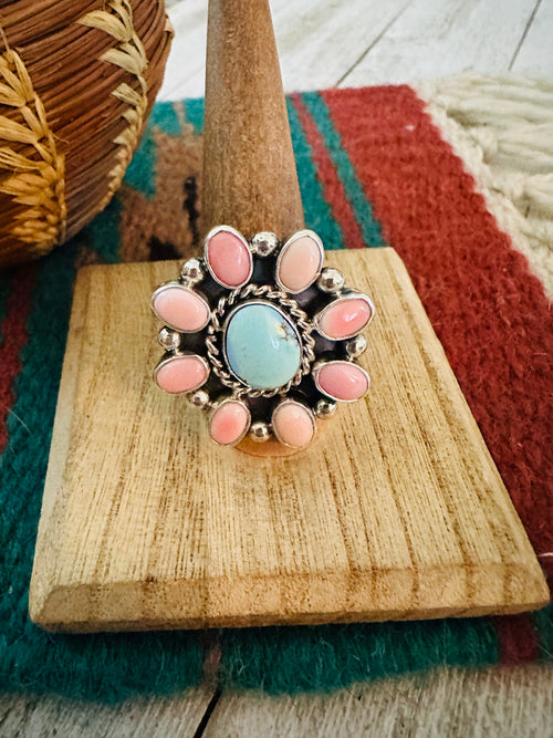 Navajo Sterling Silver, Queen Pink Conch & Turquoise Cluster Adjustable Ring