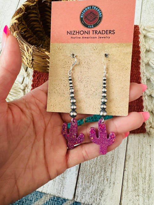 Summer Lovin’ Navajo Sterling Silver Pearl Beaded Opal Cactus Dangle Earrings