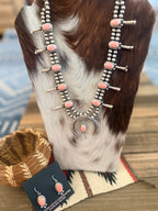 Handcrafted Queen Pink Conch & Sterling Silver Beaded Squash Blossom Necklace Set by Melvin Francis