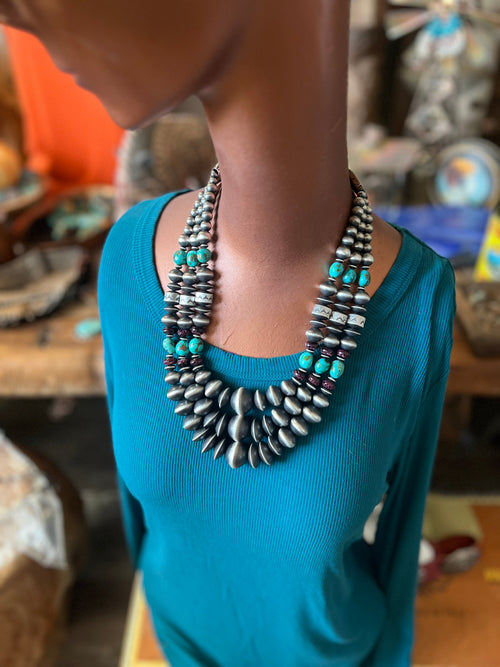 Rose Martin Handcrafted Triple Strand Sterling Silver, Purple Spiny Oyster and Kingman Turquoise Bead Necklace