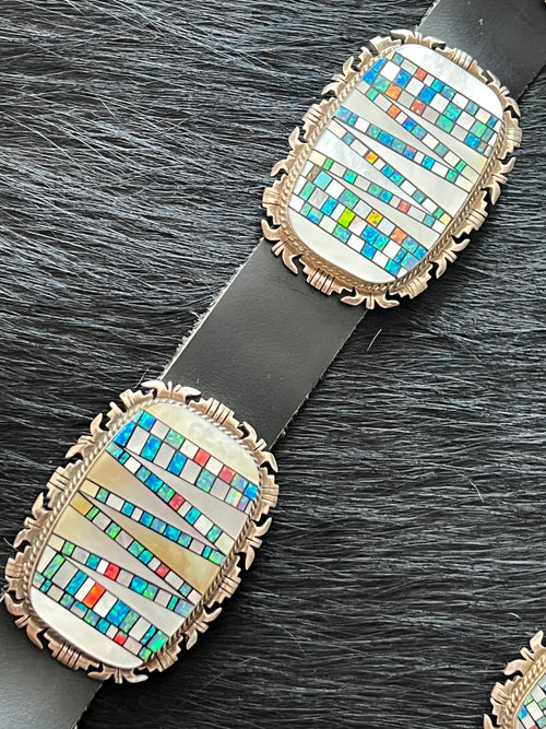 Tremendous Old Pawn Handcrafted Sterling Silver, Mother of Pearl and Opal Inlay Concho Belt by Albert Francisco