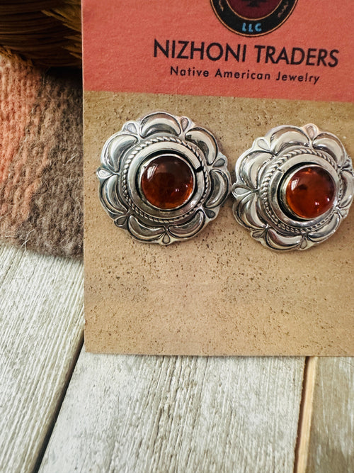 Old Pawn Navajo Sterling Silver & Amber Flower Post Earrings