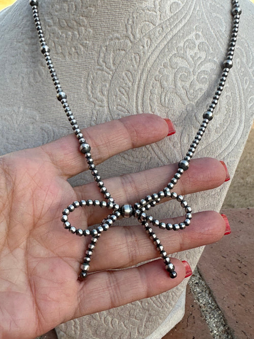 Navajo Made 4-6mm Sterling Silver Pearl Beaded Bow Tie  Necklaces