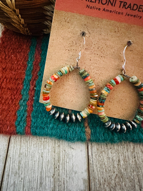 Handcrafted Spiny Oyster, Turquoise & Sterling Silver Beaded Dangle Hoop Earrings
